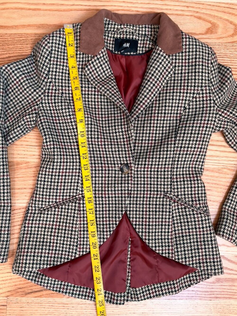 H&M Womens Wool Blend Houndstooth Blazer Equestrian Elbow Patch Jacket M/8 Brown - Picture 12 of 12